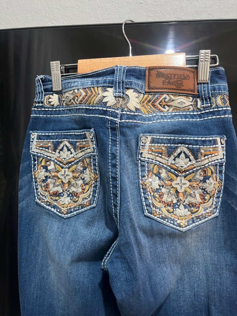 Miss Me Embroidered Dark Blue Flare Jeans with Gold & Cream Accents